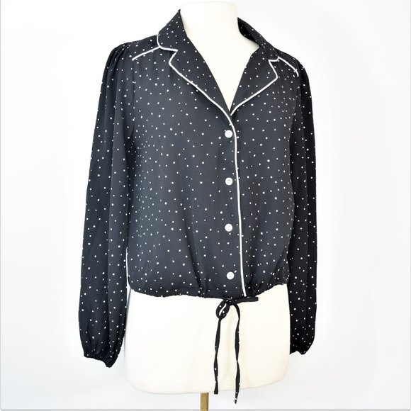 Fanco Lightweight Polka Dot Button Up Drawstring Jacket Blouse Western Black L - Picture 13 of 13